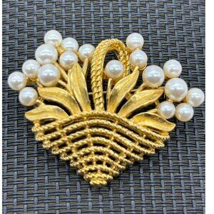 Trifari Gold-Tone Metal, Basket With Faux Pearl Flowers Brooch, Marked "Trifari"